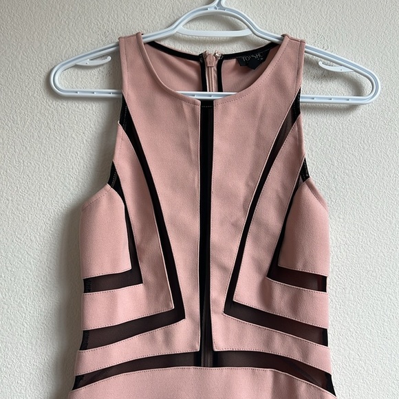 Topshop Dusky Pink Short Skater Sleeveless Black Mesh Inset Stripe Dress - Picture 2 of 11